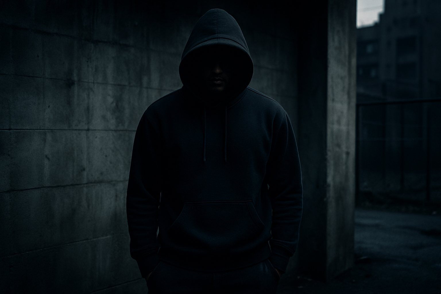 A hooded figure standing in a dark concrete space